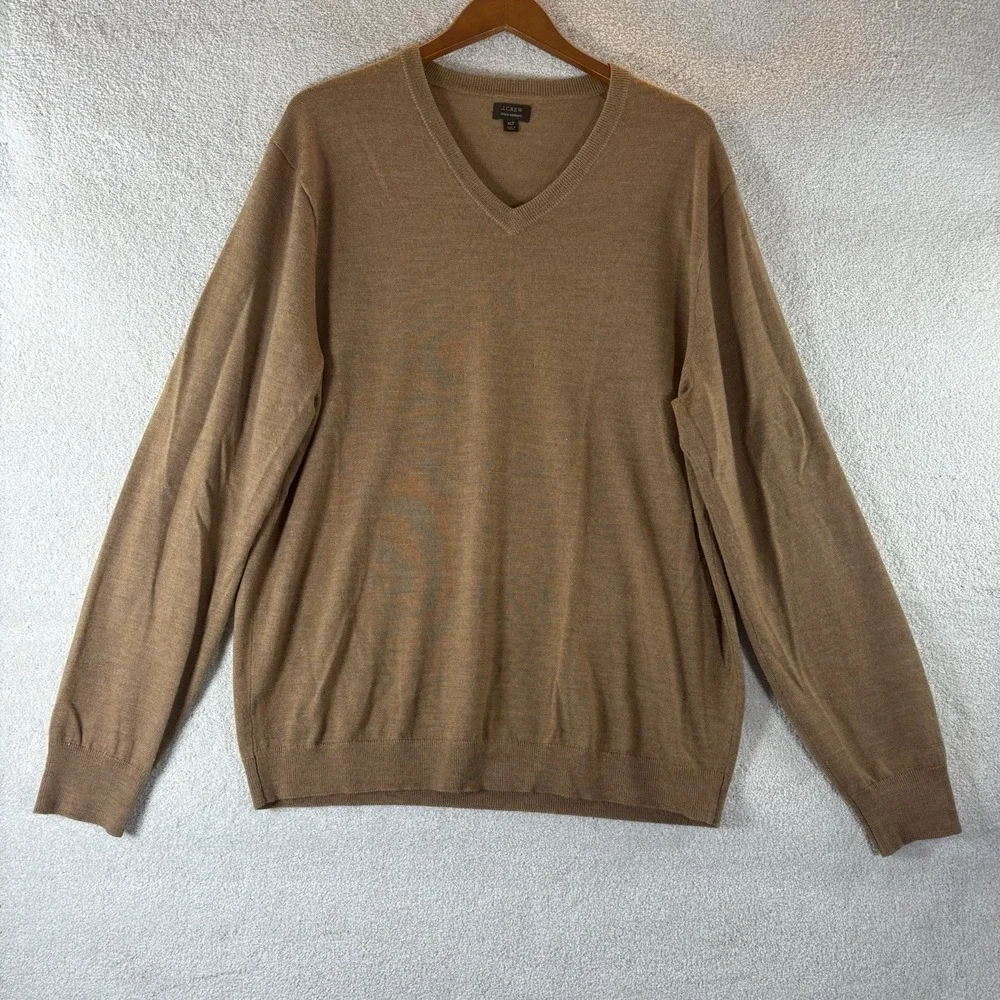 J. CREW 100% Merino‎ Wool V Neck Sweater Tan Men's Size XL Tall Classic Preppy